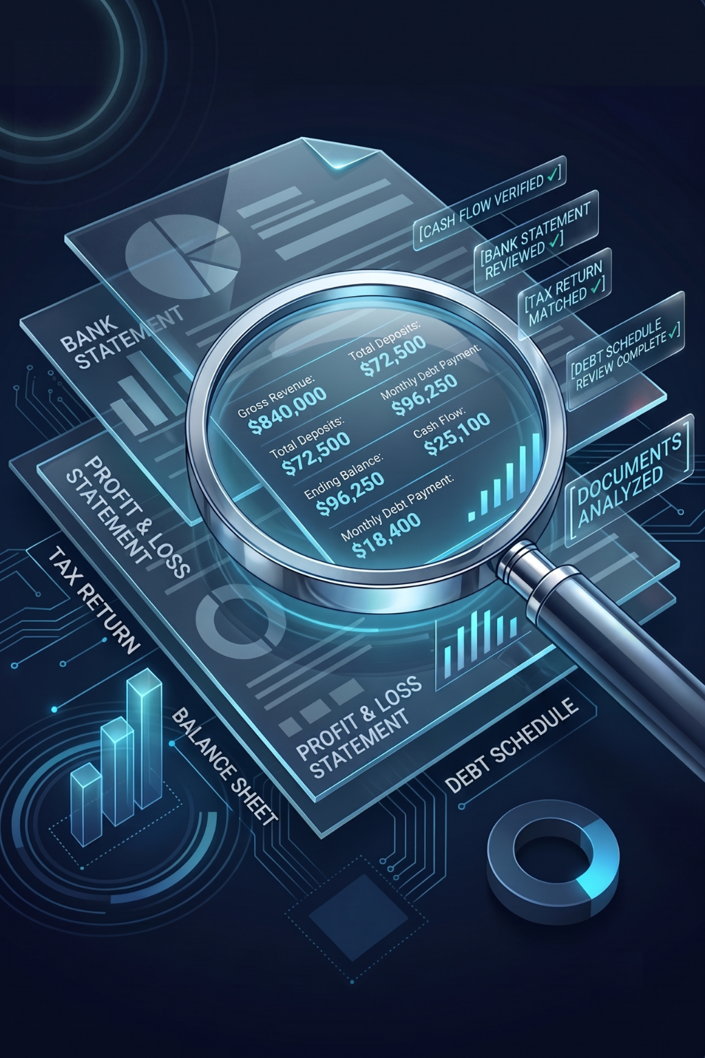 Editorial illustration of a magnifying glass over financial documents, surfacing the metrics a bank evaluates.