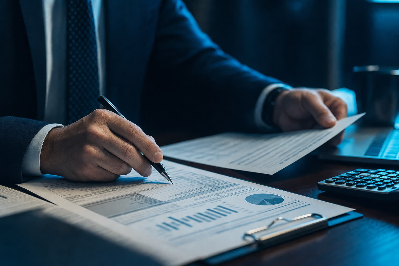 A banker reviewing a loan application and financial statements on a dark desk under cinematic light.